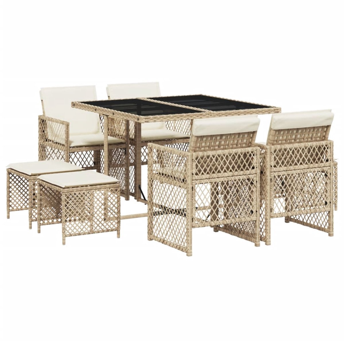 Tuinset met beige poly rattan kussens en eetgroep van The Living Store.
