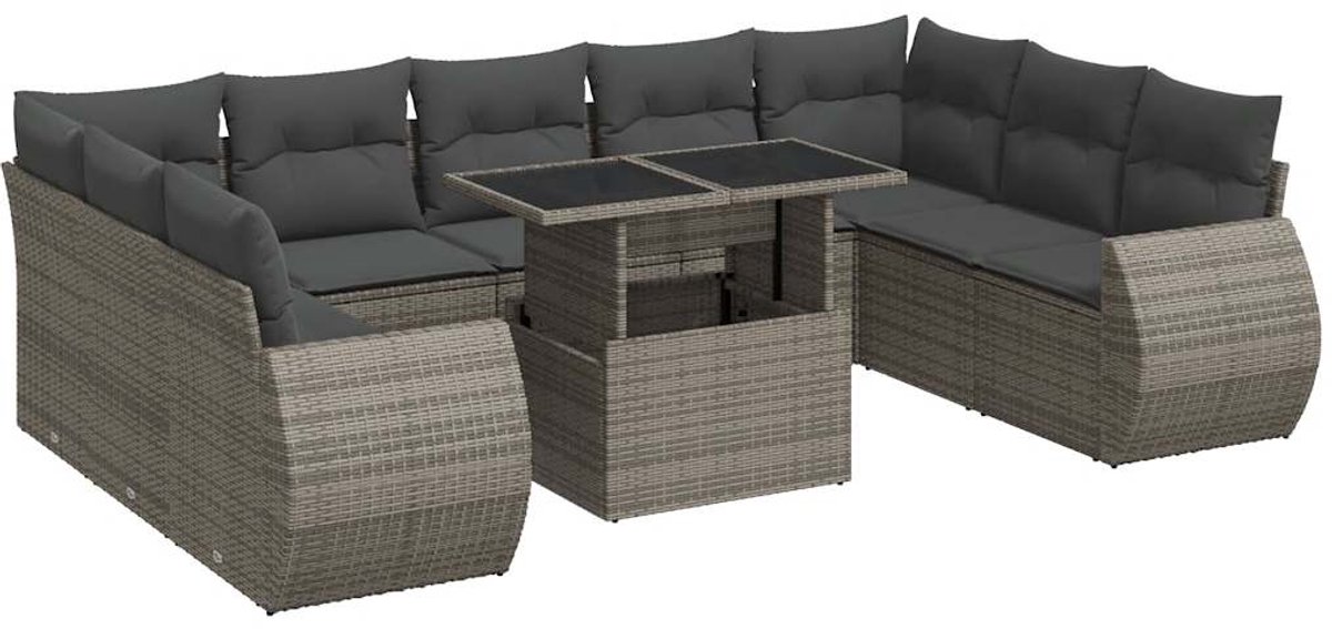 10-delige loungeset met grijze kussens van poly rattan voor buiten.