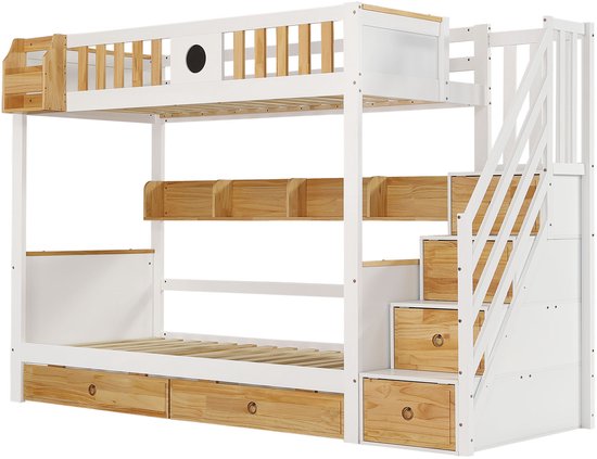 Stapelbed Met Opbergtrap - 90x200cm - 4 Kluisjes Op De Trap En 2 Lades Onder Het Bed Met Lattenbodem Wit