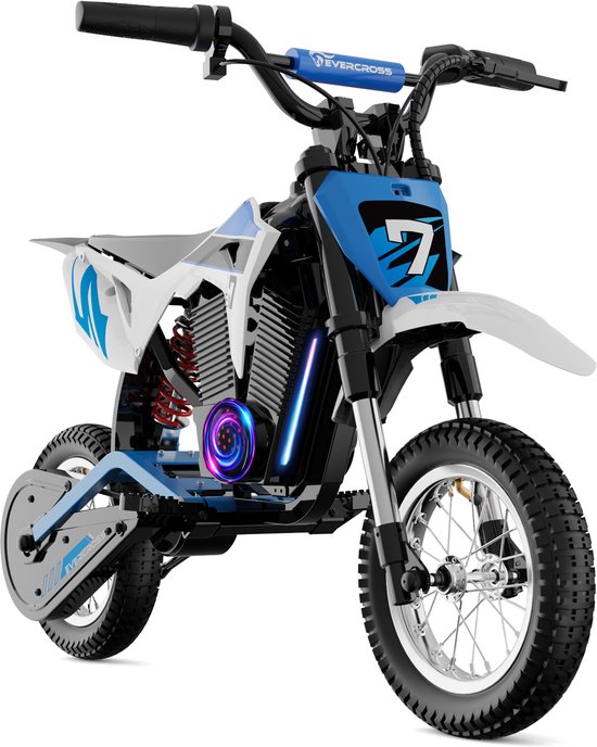 Blauwe en witte elektrische kinder motorfiets met offroad-banden en verlichting, van voren gezien.
