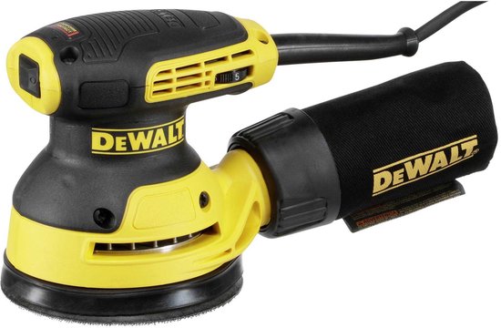 Gele DeWalt excentrische schuurmachine met zwarte handgreep en stofzak.