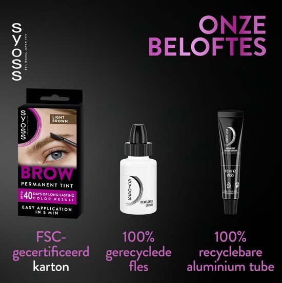 SYOSS Permanente Tint Lichtbruin Wenkbrauwkit met tube kleúr crème, ontwikkelaar lotion en applicatorborstel.