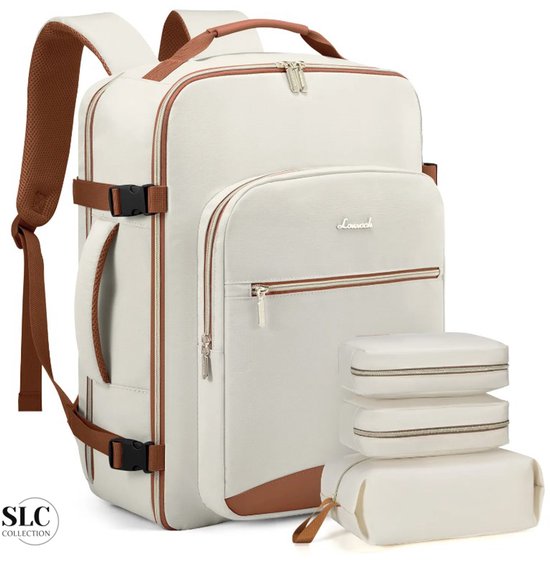 Beige rugzak met bruine accenten en riemen, inclusief 3 packing cubes.