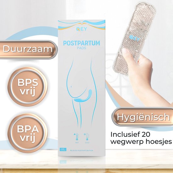 Vrouw houdt kraamverband vast; product is duurzaam, BPS- en BPA-vrij en hygiënisch met 20 wegwerphoesjes.