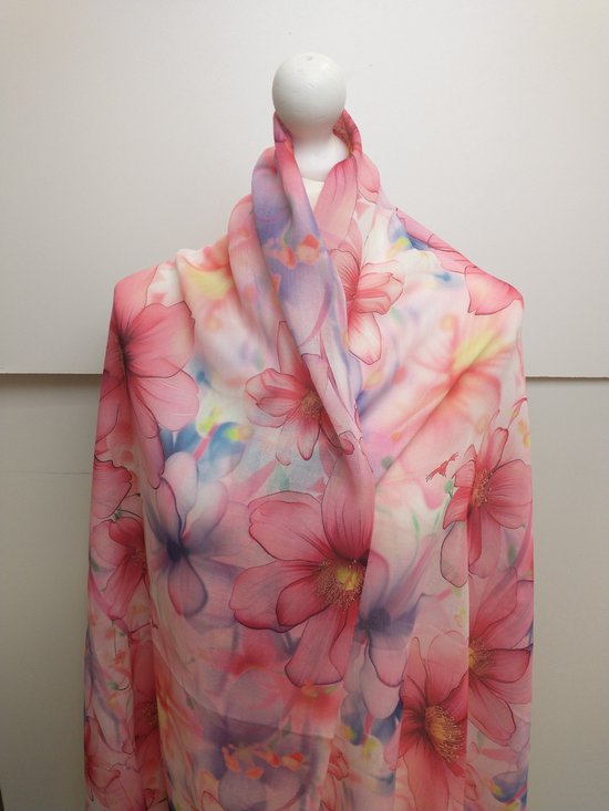 Lange dames sjaal Kathy-gebloemd motief-rood wit paars geel groen roze oranje fuchsia zwart blauw