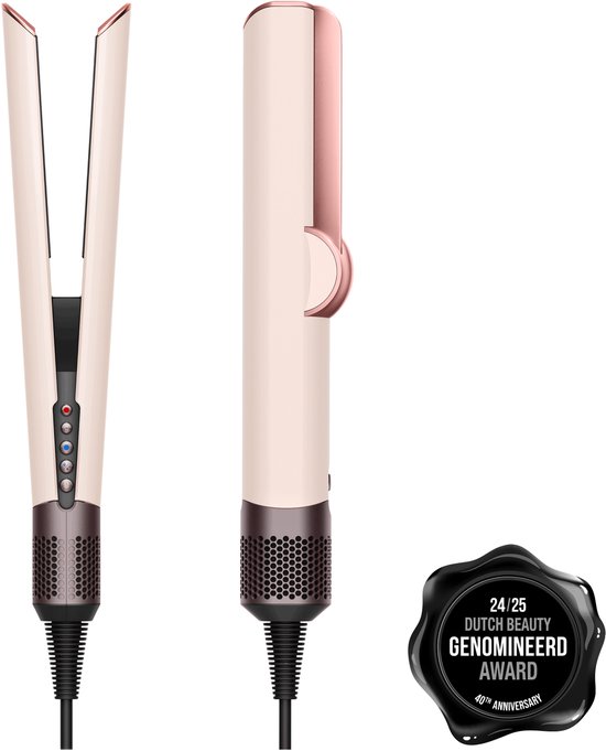 Keramische roze/roségouden stijltang, open en gesloten, met een 'Dutch Beauty Genomineerd' 2024/25 zegel.