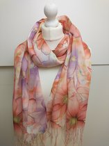 Lange dames sjaal Kathy-gebloemd motief-oranje wit geel zwart paars groen rood lila roze