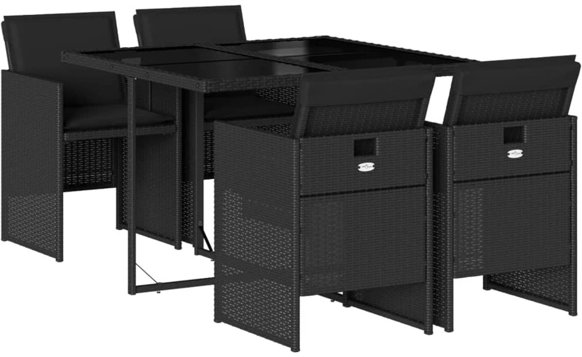 The Living Store 5-delige Tuinset met kussens poly rattan zwart - Tuinset - Buitentijd - Lounge Set - Eetkamerset - Patio Furniture