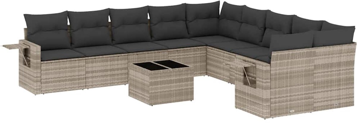 The Living Store 11-delige Loungeset met kussens poly rattan lichtgrijs - Loungeset - Tuinmeubelen - Lounge Set - Buitendecoratie - Outdoor Living
