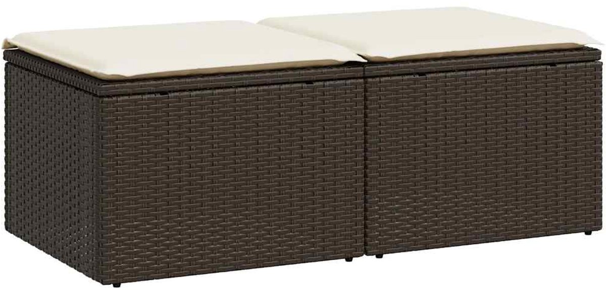 Twee-delige bruine poly rattan loungeset met kussens en acacia tafel.
