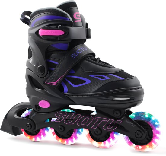 Suotu Skeelers - Inlineskates Verstelbaar - Skeelers meisjes en jongens - Maat: EUR 32-36 - lichtgevende wielen - S79 - Zwart/Roze - M