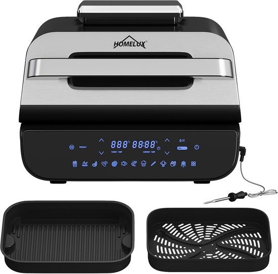 HOMELUX Grill Hetelucht snijder Contactgrillplaat Smart Toaster Digitale temperatuursensor Touch Control 60 minuten timer 1800 W 12 vooraf ingestelde modi Instelbare temperatuur en tijd