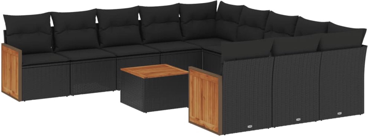 The Living Store 12-delige Loungeset met kussens poly rattan zwart - Loungebank - Lounge Set - Buitendecoratie - Tuinmeubels - Outdoor Furniture