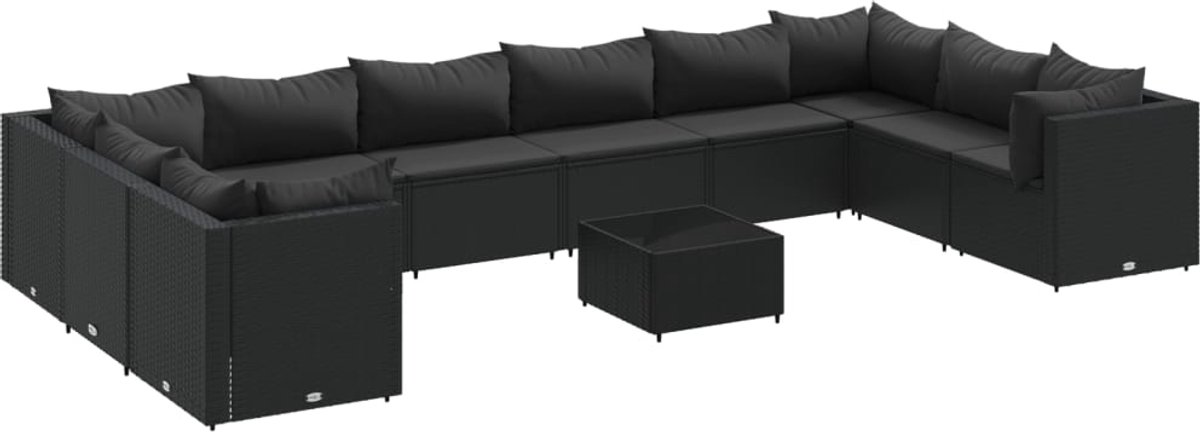 The Living Store 11-delige Loungeset met kussens poly rattan zwart - Loungeset - Lounge Set - Tuinlounge - Buitentijnen - Loungebank