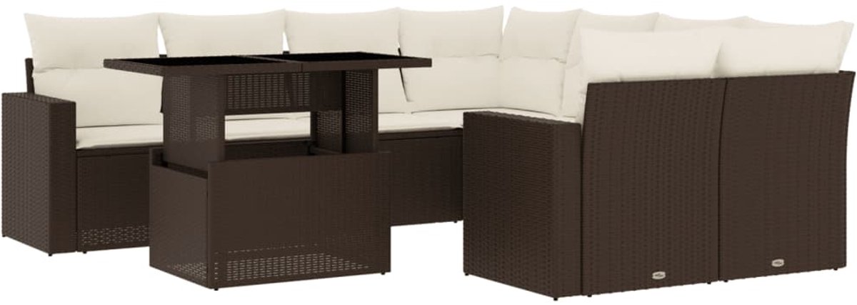 The Living Store 9-delige Loungeset met kussens poly rattan bruin - Loungeset - Tuinmeubels - Lounge Set - Buitendecoratie - Pe Rattan