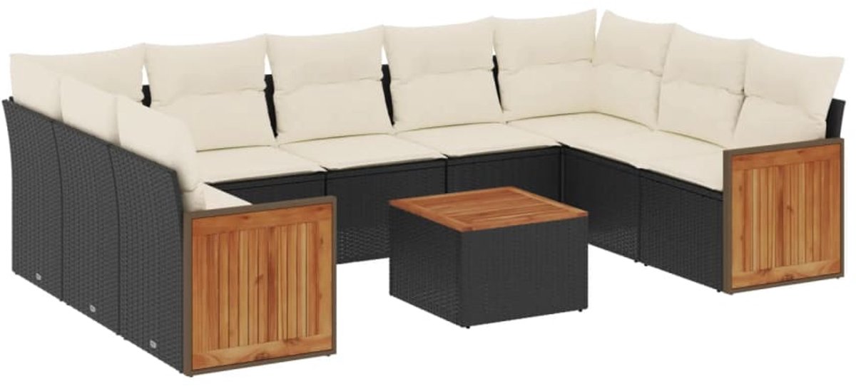 The Living Store 10-delige Loungeset met kussens poly rattan zwart - Loungebank - Lounge Set - Tuinbank - Buitendiner - Outdoor Furniture