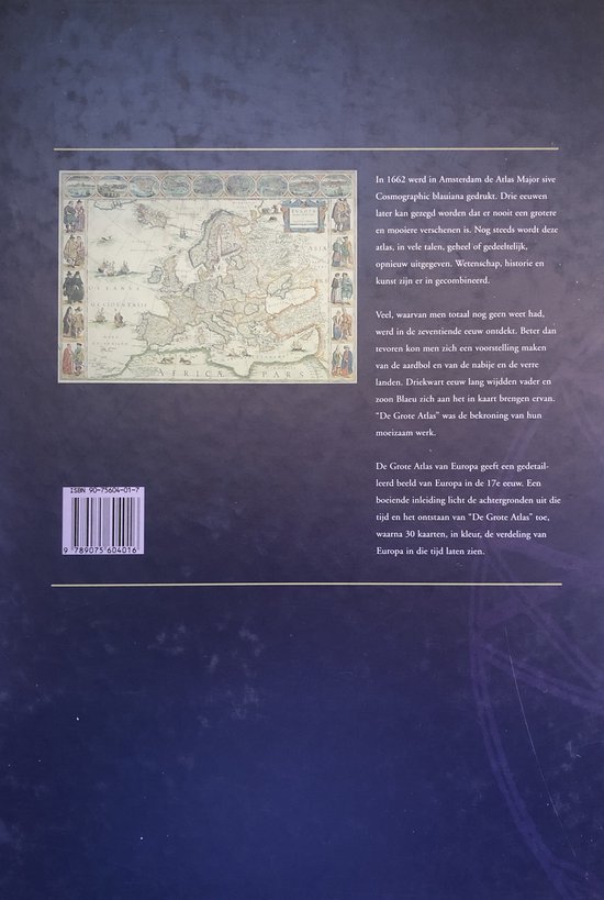 Omslag 'De Grote Atlas van Europa' met een oude kaart van Europa en beschrijvende tekst.