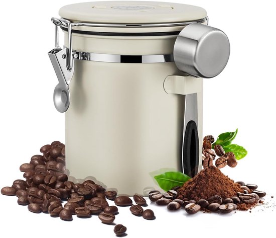 Foto: Koffie bewaarbus met co2 uitlaat 1 2l voor 500 gr koffiebonen voor koffie koffiebonen thee suiker etc koffieblikbewaarblik bewaarbus koffie co ventilatie bewaarblik voorraadbussen voorraadblik rvs gebroken wit