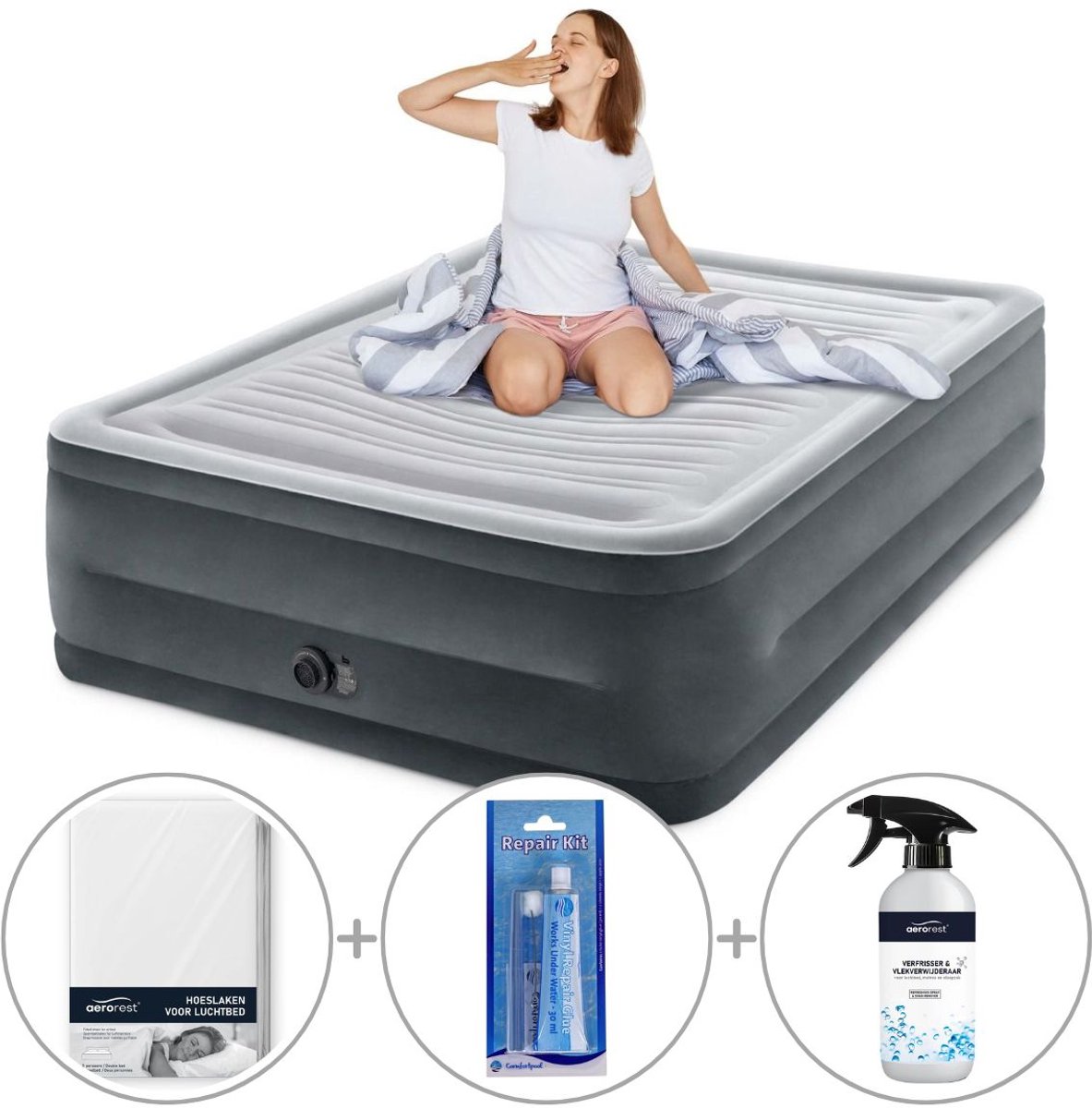 Intex Queen Comfort-Plush Luchtbed met ingebouwde pomp | Tweepersoons | Extra hoog | 203 x 152 x 56 cm | Inclusief bijpassend hoeslaken + reparatiekit + luchtbedverfrisser