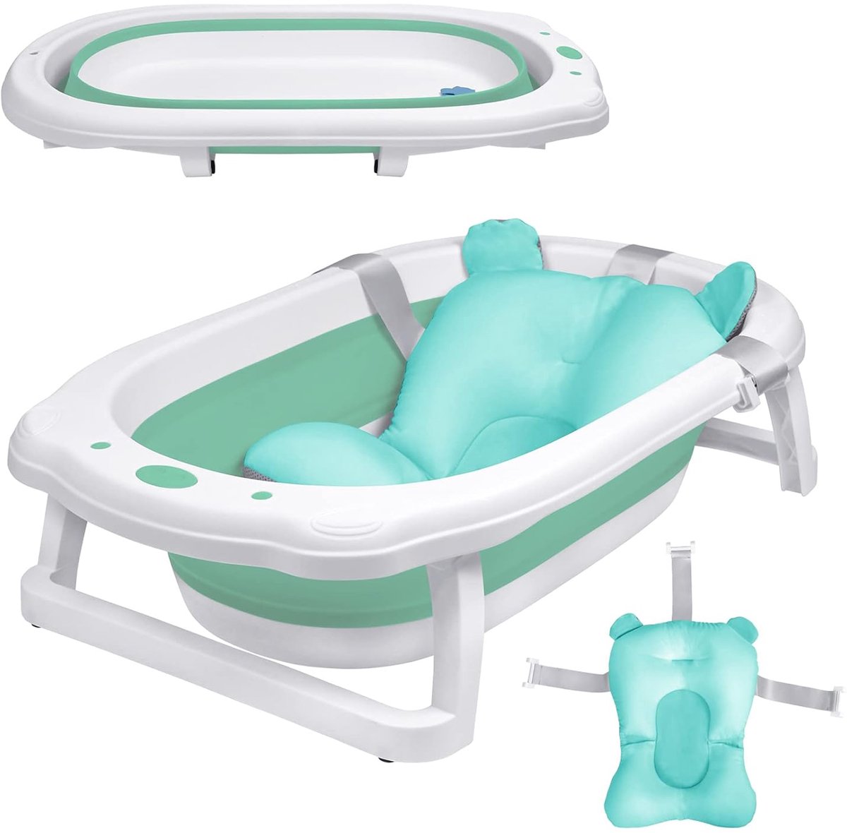 Aufun opvouwbaar babybad, ergonomisch babybadje met antislipvoetjes voor baby's en pasgeborenen, inclusief badzitkussen, ruimtebesparend opvouwbaar bad, groen met badkussen