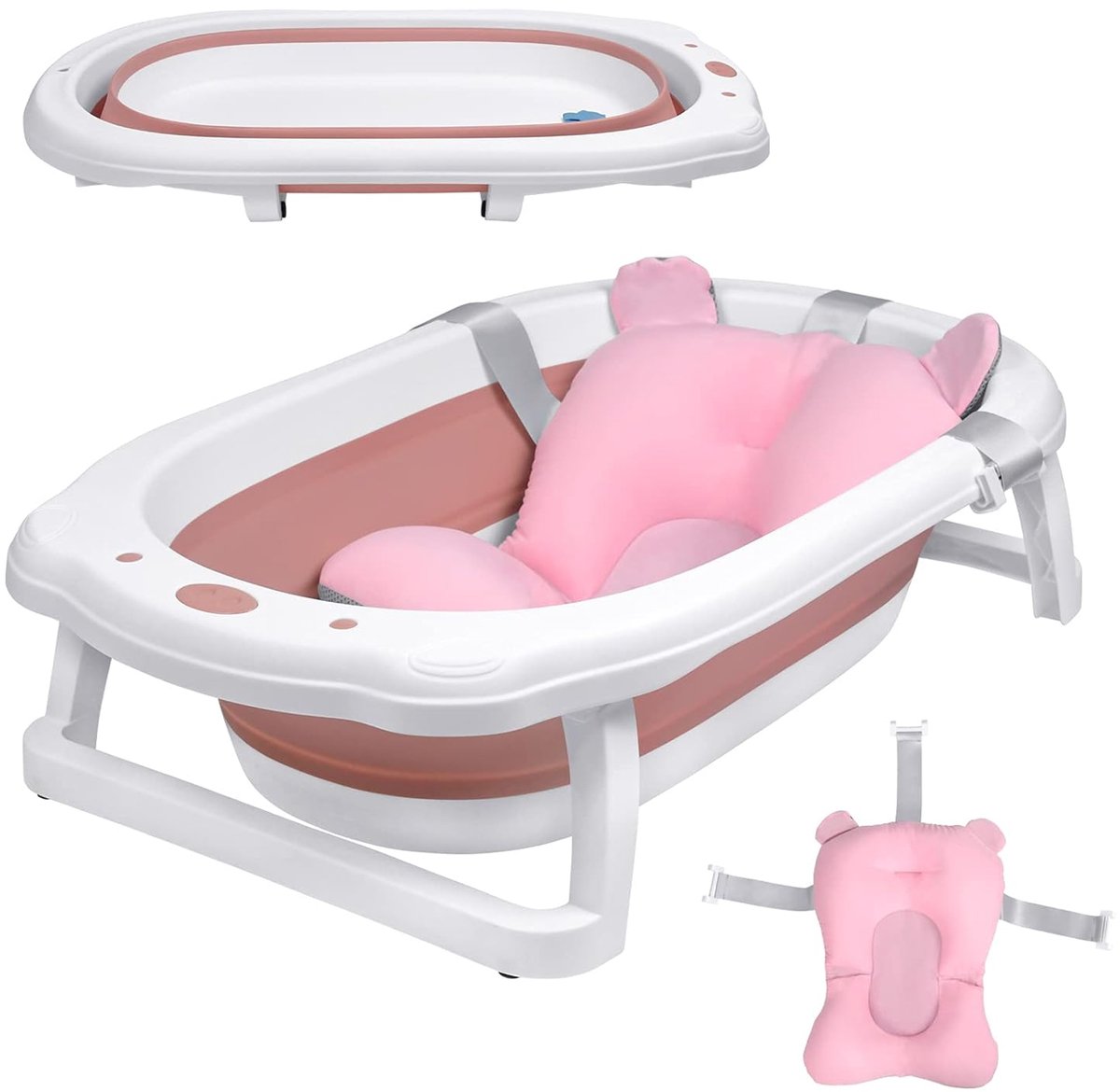 Aufun opvouwbaar babybad – ergonomisch – antislip – met badzitkussen – roze – voor baby's en pasgeborenen