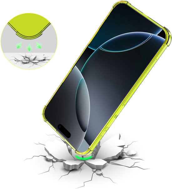 Telefoonhoesje in neon geel met schokabsorberende rand, vallend op een gebroken oppervlak.