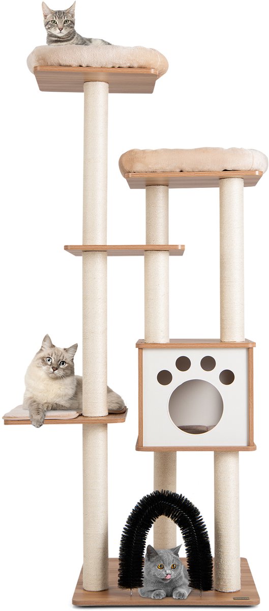 COSTWAY Krabpaal van hout, 6 verdiepingen, 176 cm, kattenboom met gezellige matten, hol en kattenboog, grote kattenkrabpaal, klimboom, activiteitsboom, speelboom, beige