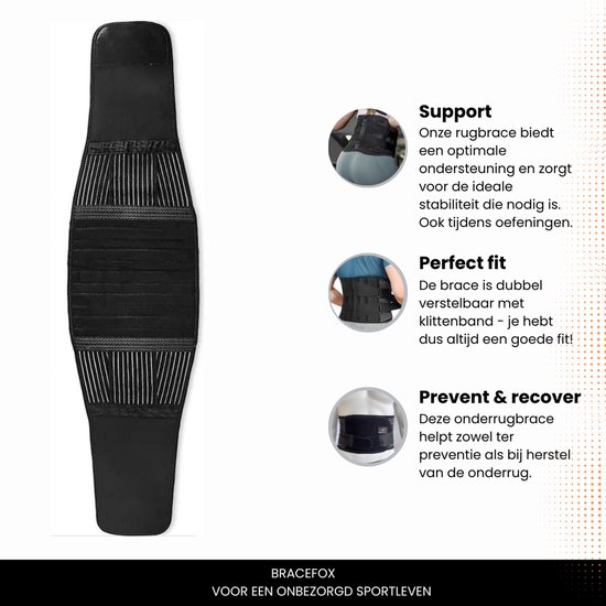 Zwarte Bracefox rugbrace, ondersteuning en perfecte pasvorm.
