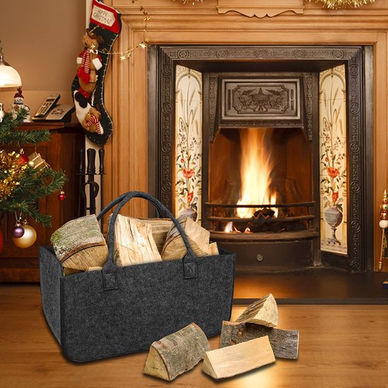 Sac à Bûches en Feutre XXL, Rangement pour Bois de Chauffage, Grand Panier Intérieur avec Poignée en Bois et Gants (Gris Foncé, 55x40x30cm