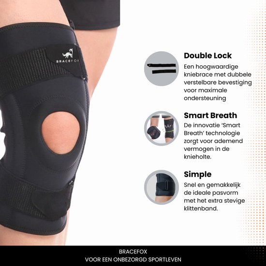 Zwarte kniebrace met open patella en klittenbandsluitingen. Afbeeldingen tonen de 'Double Lock' bevestiging en 'Smart Breath' technologie. Tekst in het Nederlands.