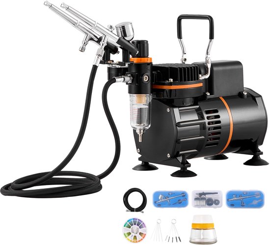 VEVOR Airbrush-set Met Compressor – 3 Airbrushes (0,2/0,3/0,8 Mm), Dubbele Ventilator, Instelbare Druk, Ideaal Voor Nagels, Taartdecoratie En Modelbouw
