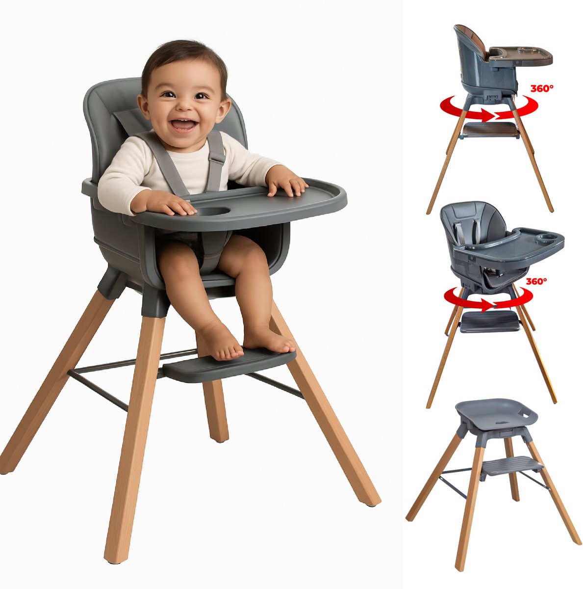Bol.com ComfyKidz® Twist 'n Sit | 360° Draaibare Kinderstoel – Meegroei Stoel met Houten Poten | Verwijderbaar Eetblad | Donkerg... aanbieding