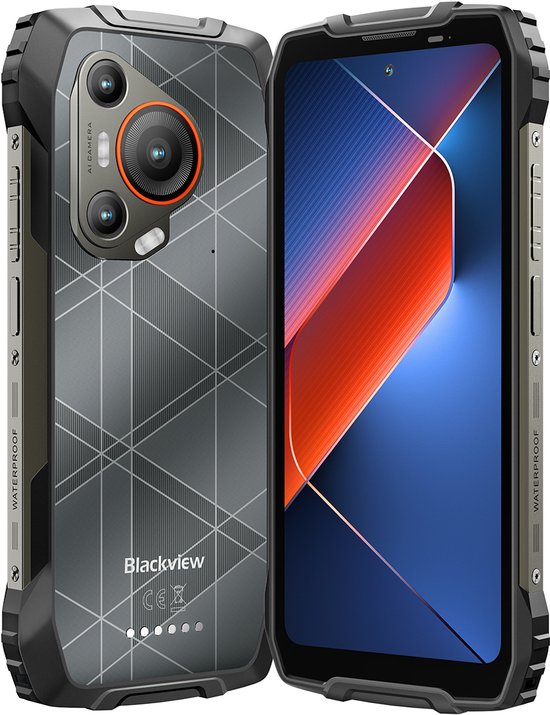 Zwart Blackview BL7000 smartphone, voorkant en achterkant getoond, met cameralens en scherm.