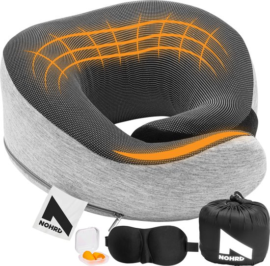 NOHRD Nekkussen Vliegtuig - Reiskussen - Grijs - Memory Foam - Incl. Oordopjes, Slaapmasker & Draagtas - Traagschuim - Neksteun