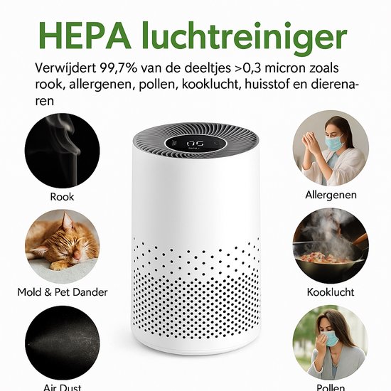 Luchtreiniger – HEPA H11 Filter – Ionisator – Aromatherapie – Stil 25dB – 4 Snelheden – 360° Inlaat – Timer – Verwijdert 99,9% Stof, Geur, Allergenen, Rook, Huisdierhaar – Slimme Sensor – Voor Slaapkamer/Woonkamer