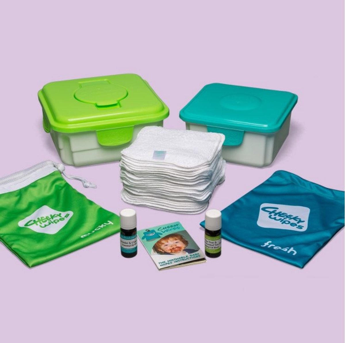Cheeky Wipes - Premium Alles-in-één Kit - Voordeelset - Met 25 Wasbare Billendoekjes Organisch Katoen Wit - Duurzaam Alternatief voor Wegwerpdoekjes - Complete Set Thuis + Onderweg