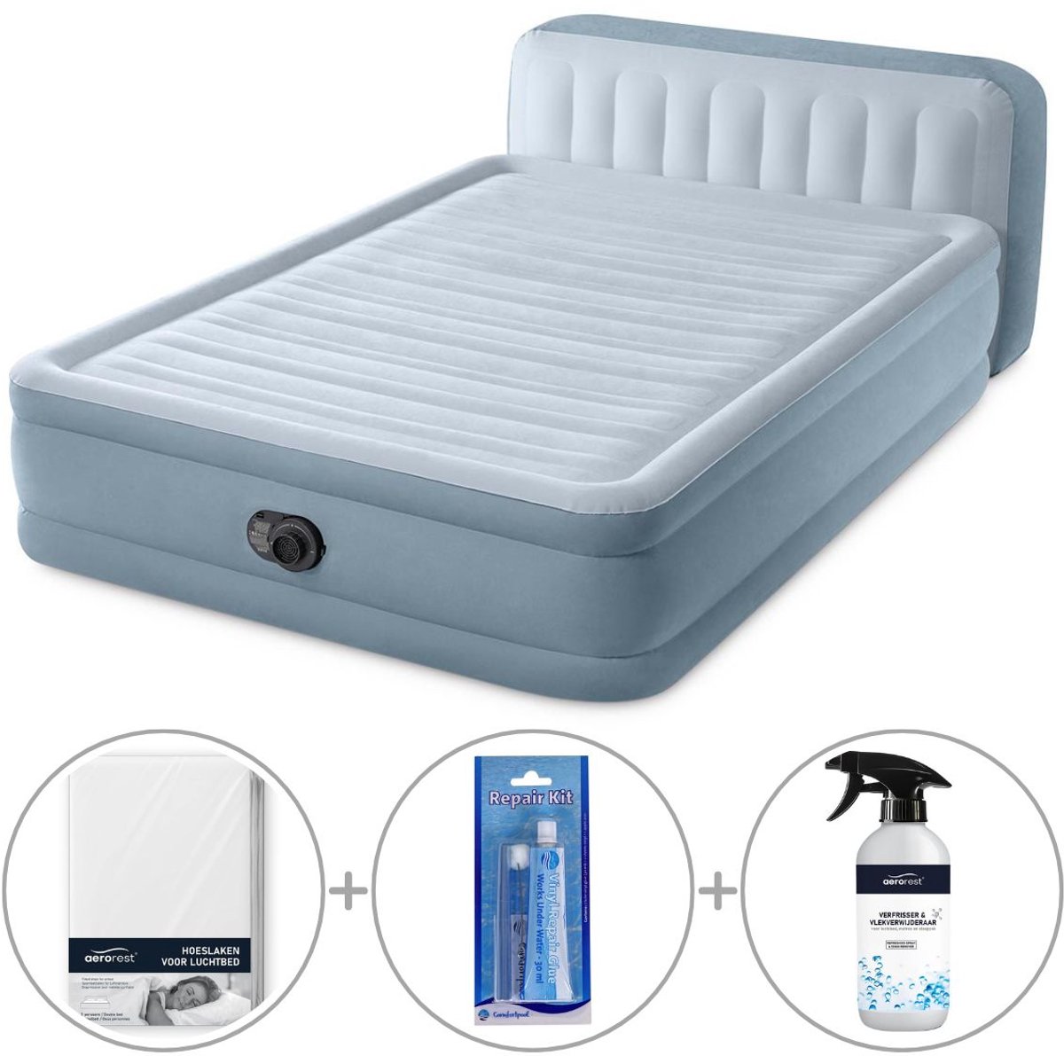 Intex Plush luchtbed met hoofdbord | Tweepersoons | 152 x 236 x 86 cm | Inclusief bijpassend hoeslaken + reparatiekit + luchtverfrisser