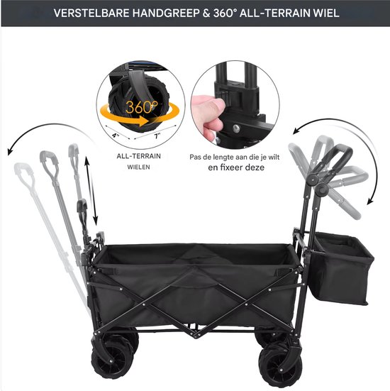 Opvouwbare bolderkar XL - 262L - Opvouwbaar tuinwagen - Met duwstang - Voor buitengebruik - Met verwijderbare luifel en 115 kg capaciteit - All terrain - Zwart van Merkloos — afbeelding 5