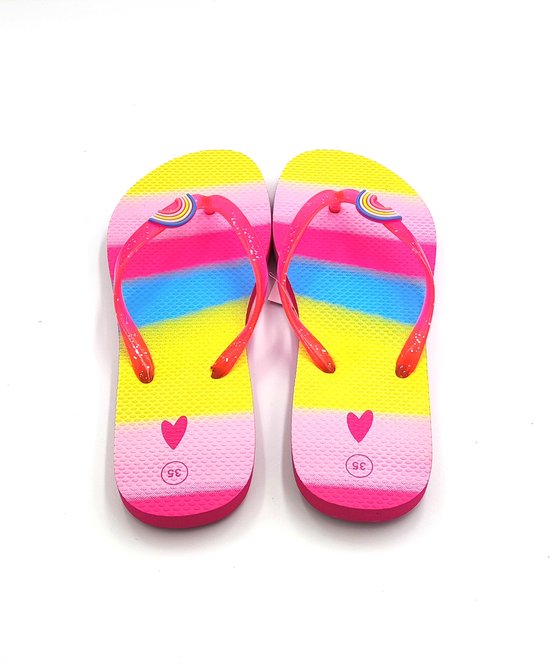 Slippers fille - Fushia, jaune, bleu, rose avec arc-en-ciel - Tongs idéales pour le bain/la plage - Taille 35