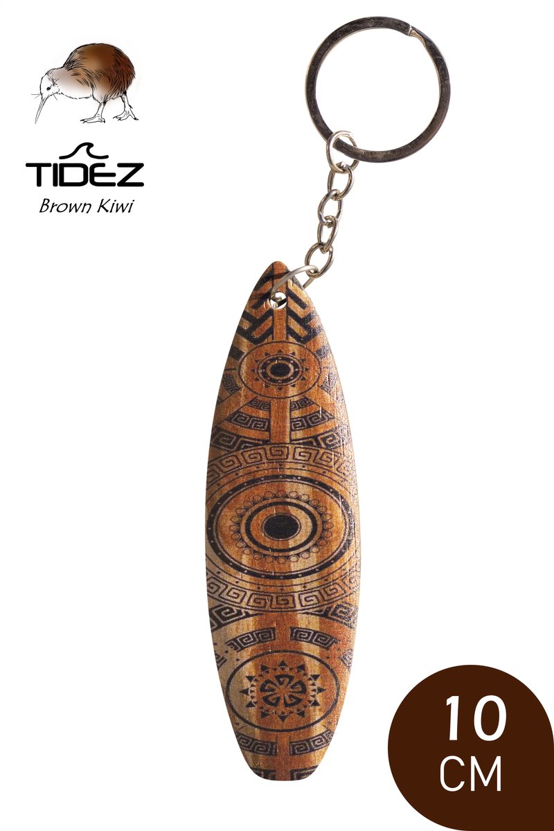 Tidez Surfplank Sleutelhanger - Houten Surfplank Sleutelhanger - Surfboard Sleutelhanger - Brown Kiwi 10cm