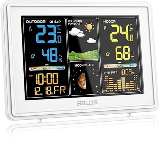 Baldr Weerstation Binnen en Buiten - Draadloos - Met Buitensensor - Temperatuur en Luchtvochtigheid - Digitaal - Hygrometer - Luchtvochtigheidsmeter - 100 Meter Bereik - Wit