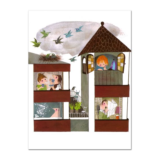 Illustratie van een huis met meerdere verdiepingen, waarin mensen en dieren vanuit ramen kijken. Vogels vliegen buiten.