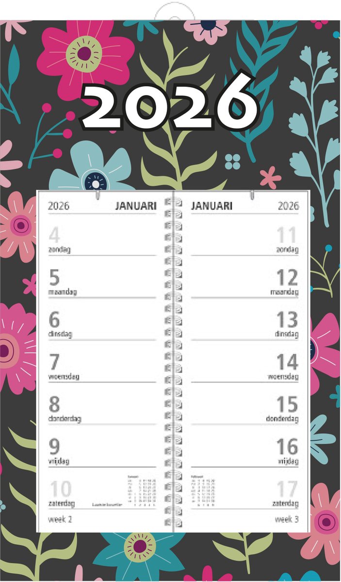 MGPcards - Omlegweekkalender 2026 - Week begint op zondag - 21 x 34 cm - Flowers - Zwart