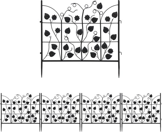Bordures de jardin décoratives en métal noir avec un motif de feuilles et de fleurs, en sections individuelles et en ligne.