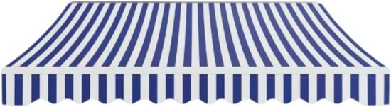 Luifel met blauw-witte strepen op witte achtergrond.