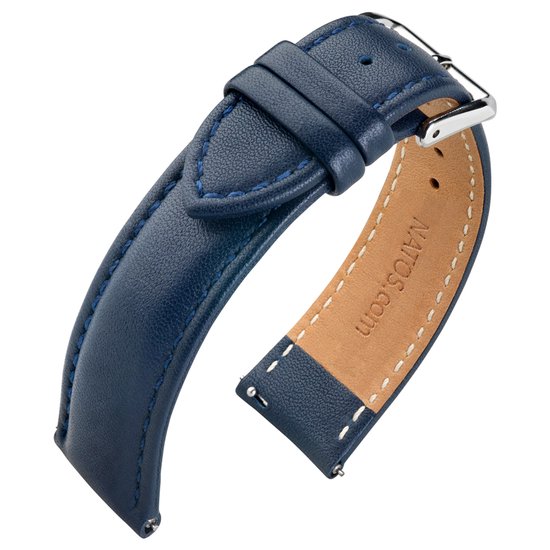 Bracelet de montre bleu en cuir de veau avec surpiqûres blanches et boucle argentée.