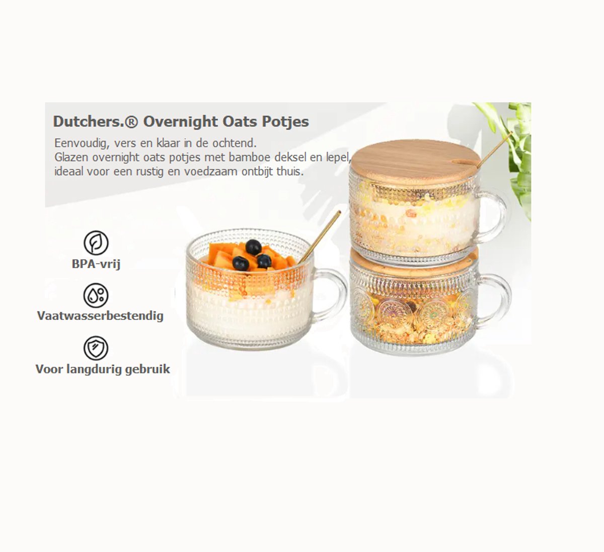 Dutchers.® Overnight Oats Potjes - Set van 4 - Retro - Lepels Inbegrepen - Potjes van Glas - 540ml - Glazen Potjes met Deksel - Overnight Oats - Muesli Beker - Hygiënisch - Lunchpot - Yoghurtbeker - Milieuvriendelijk - Glas & Bamboe - Ontbijt & Lunch — cadeau in Kookcadeaus - foto 2