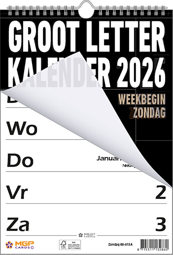 Foto: Mgpcards grootletter kalender 2026 21 x 34 cm zwart
