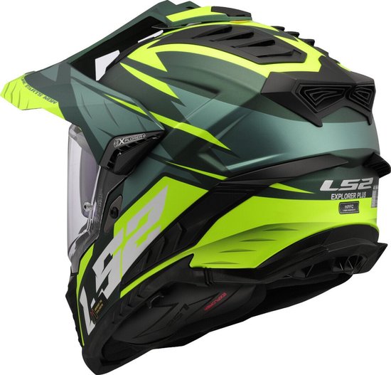 Casque de moto LS2 Explorer vert avec rayures jaunes, visière et becquet. Vue latérale.