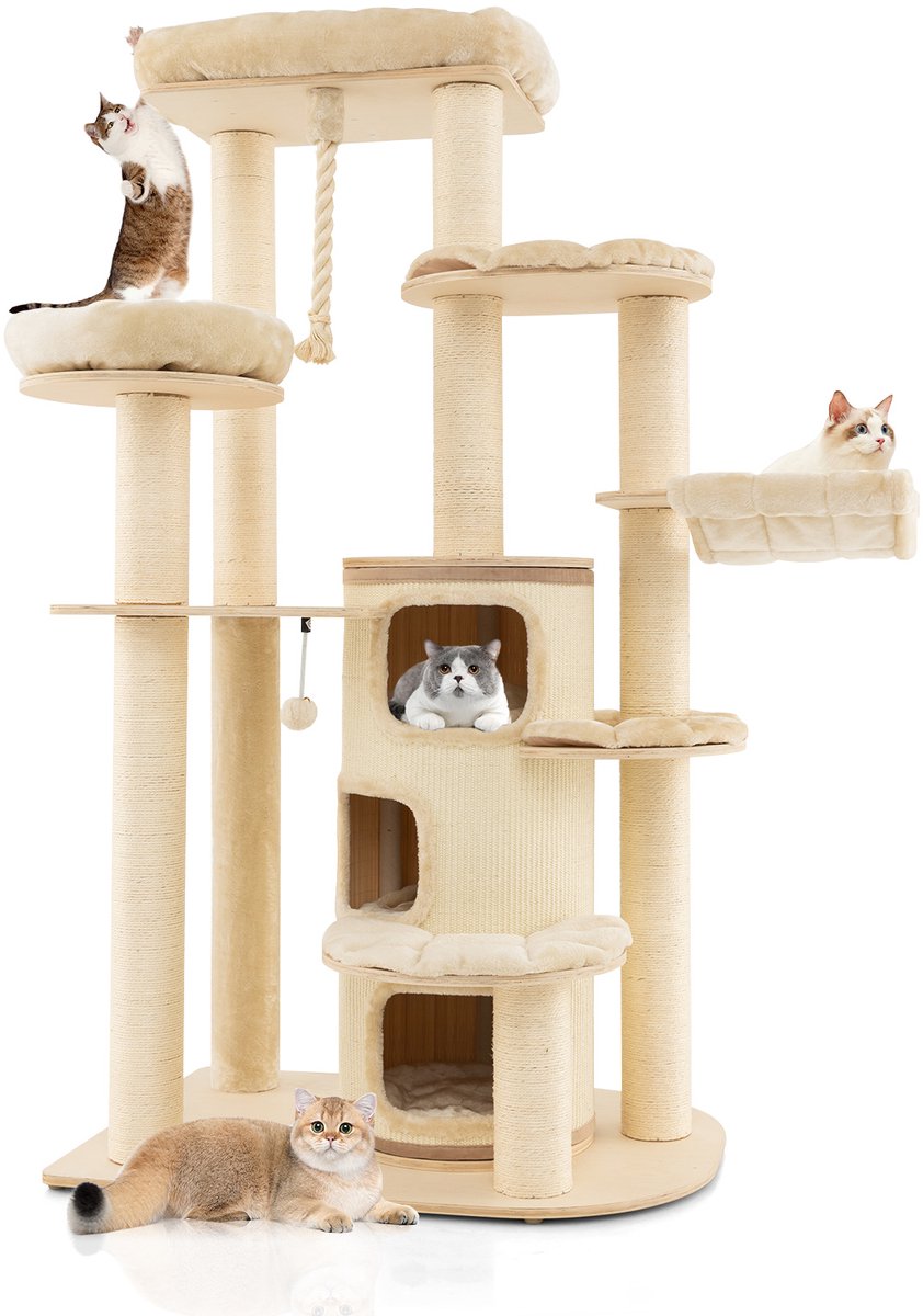 COSTWAY 173 cm krabpaal van hout, grote kattenboom, kattenkrabpaal met kattenmand, matten & bal & hangtouw, activiteitenboom met meerdere verdiepingen, kattenmeubel, klimboom, kattenhuis, beige